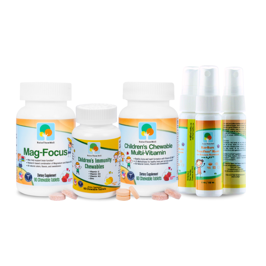What's included in the Back to School Essentials Bundle: Mag-Focus, Immune Support Chewable, Kids' Vitamin Chewable, Kid-Safe Hand Sanitizer