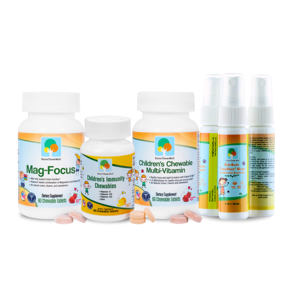 What's included in the Back to School Essentials Bundle: Mag-Focus, Immune Support Chewable, Kids' Vitamin Chewable, Kid-Safe Hand Sanitizer