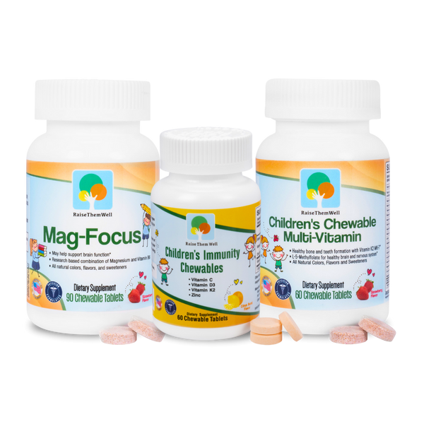 The Kids' Immunity and Focus Bundle includes Immune Support Chewables, Mag-Focus, and Kids' Chewable Vitamins