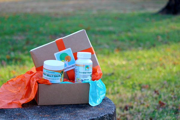 Expecting Gift Box Contents: Belly Balm stretch mark and scar defense and Prenatal Vitamins