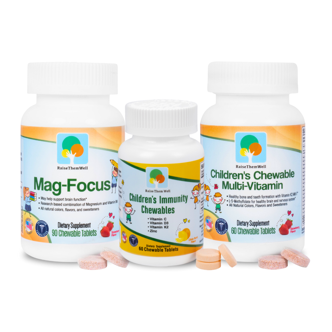 The Kids' Immunity and Focus Bundle includes Immune Support Chewables, Mag-Focus, and Kids' Chewable Vitamins