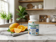 Children's chewable probiotic bottle on a kitchen counter with fruits