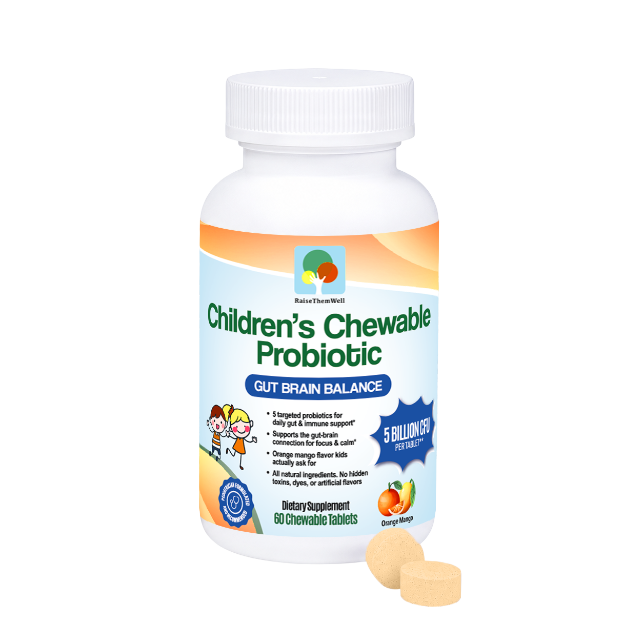 Children's chewable probiotic supplement bottle with a white background