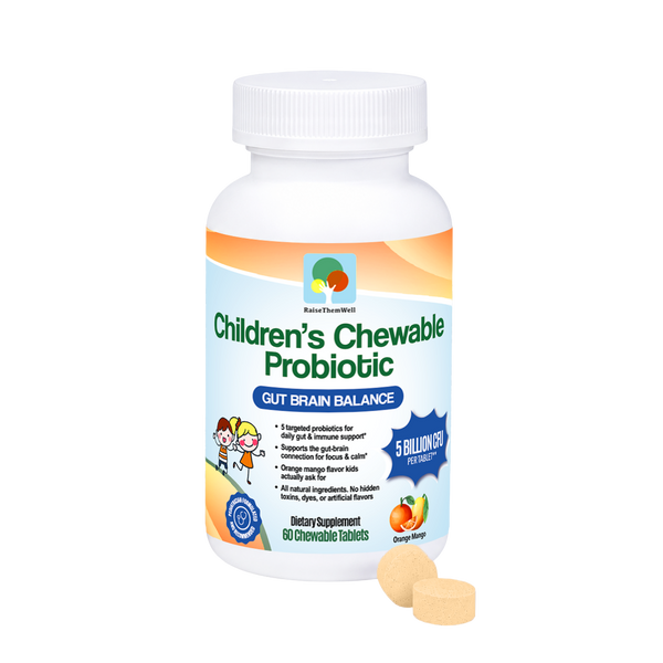 Children's chewable probiotic supplement bottle with a white background