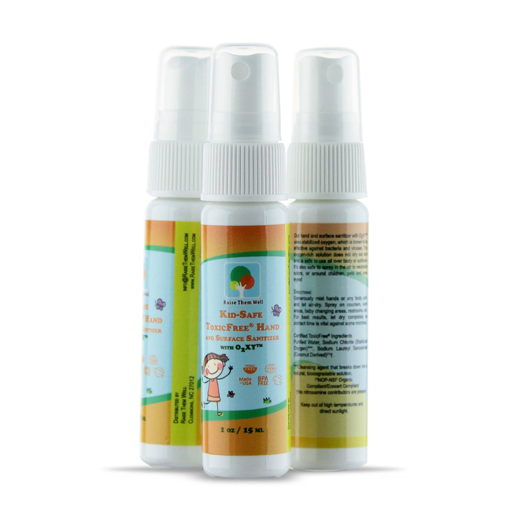 Three 1-ounce bottles of kid-safe toxic-free hand sanitizer spray