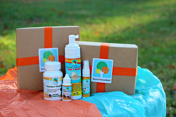 New Baby Gift Box contents: Prenatal vitamins, Baby Vitamin D3 and K2 drops, ToxicFree Foaming Baby Wash 'n Shampoo, Kid-Safe ToxicFree Hand and Surface Sanitizer