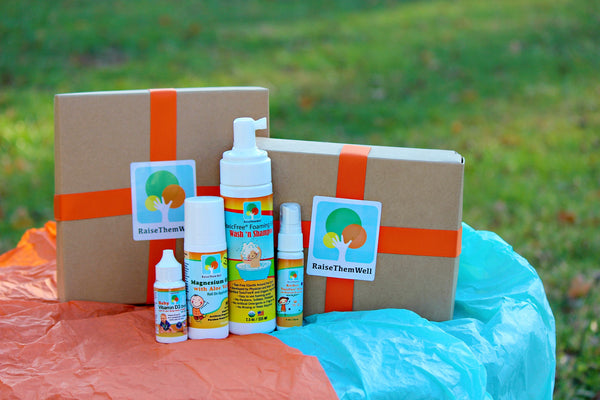 Favorites Gift Box contents: Baby Vitamin D3 and K2 drops, Kid-Safe Magnesium Oil Roll-on, ToxicFree Foaming Baby Wash 'n Shampoo, Hand and Surface Sanitizer